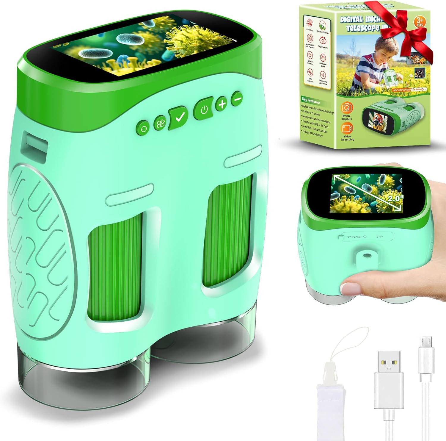 1000X Handheld Microscope for Kids : 4K 2.0" Screen Rechargeable Telescope and C