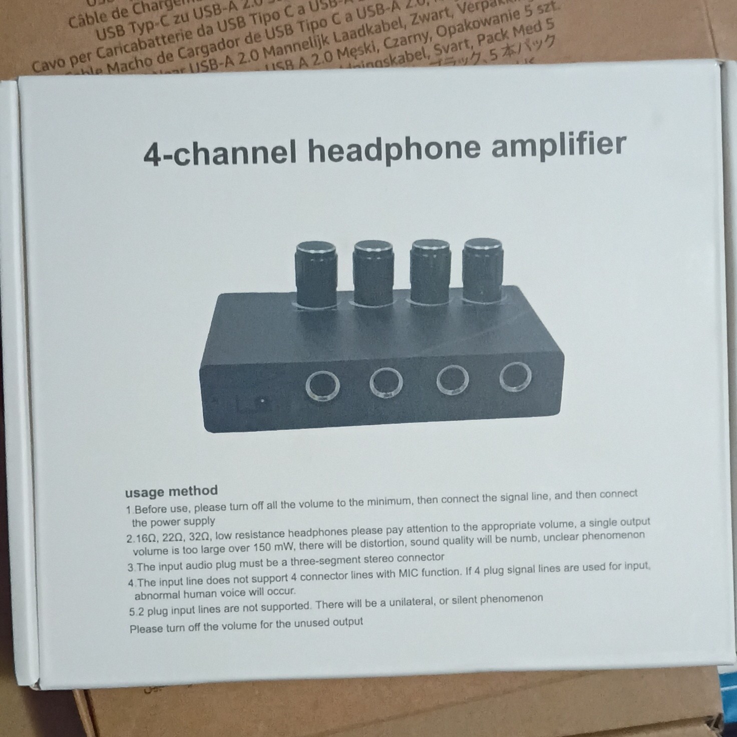 4-Channel Mini Headphone Amplifier Black Tabletop TRS In 4 Headphone Outs