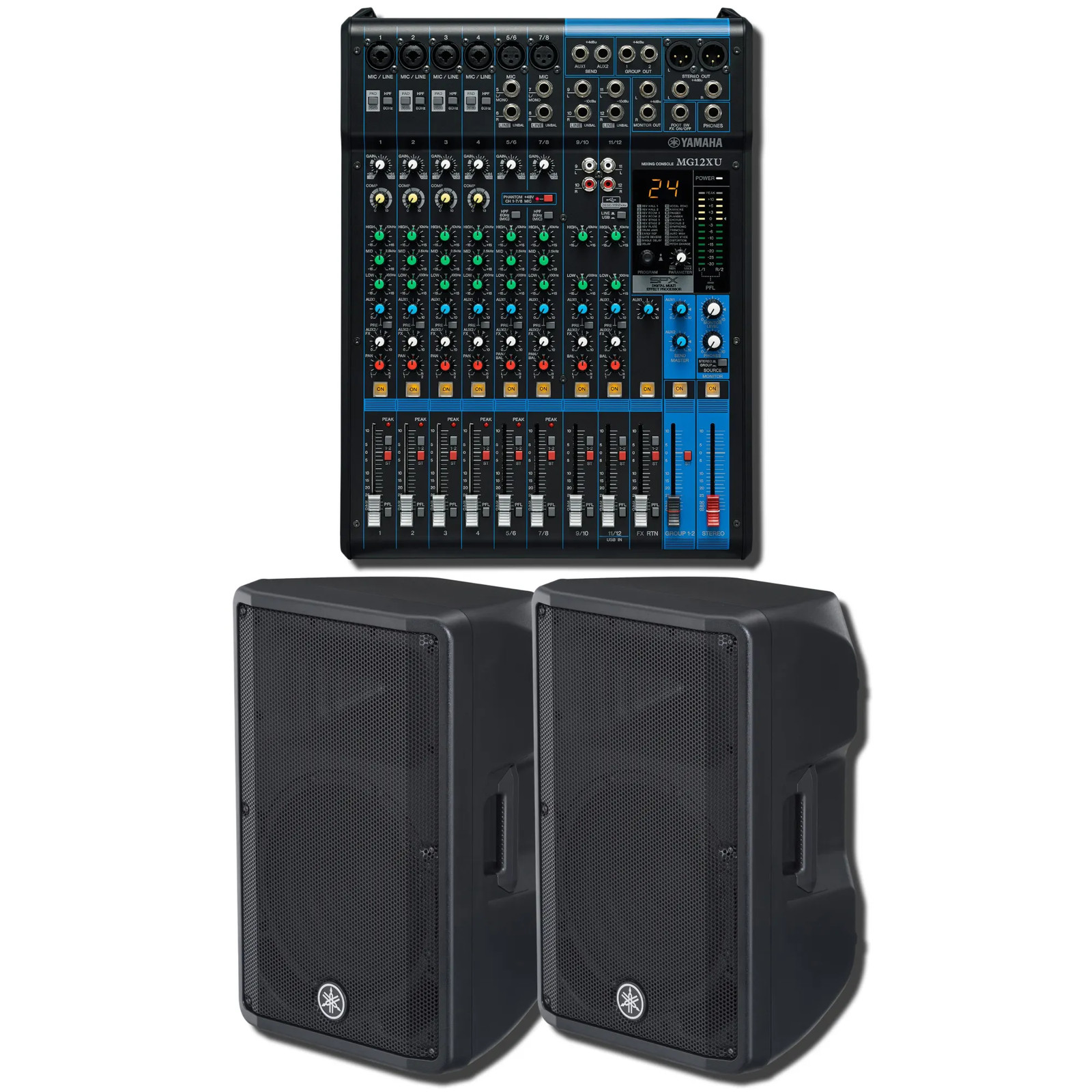 Yamaha MG12XU 12-Ch USB Mixer w/ 2x DBR12 1000W Powered Speakers Bundle