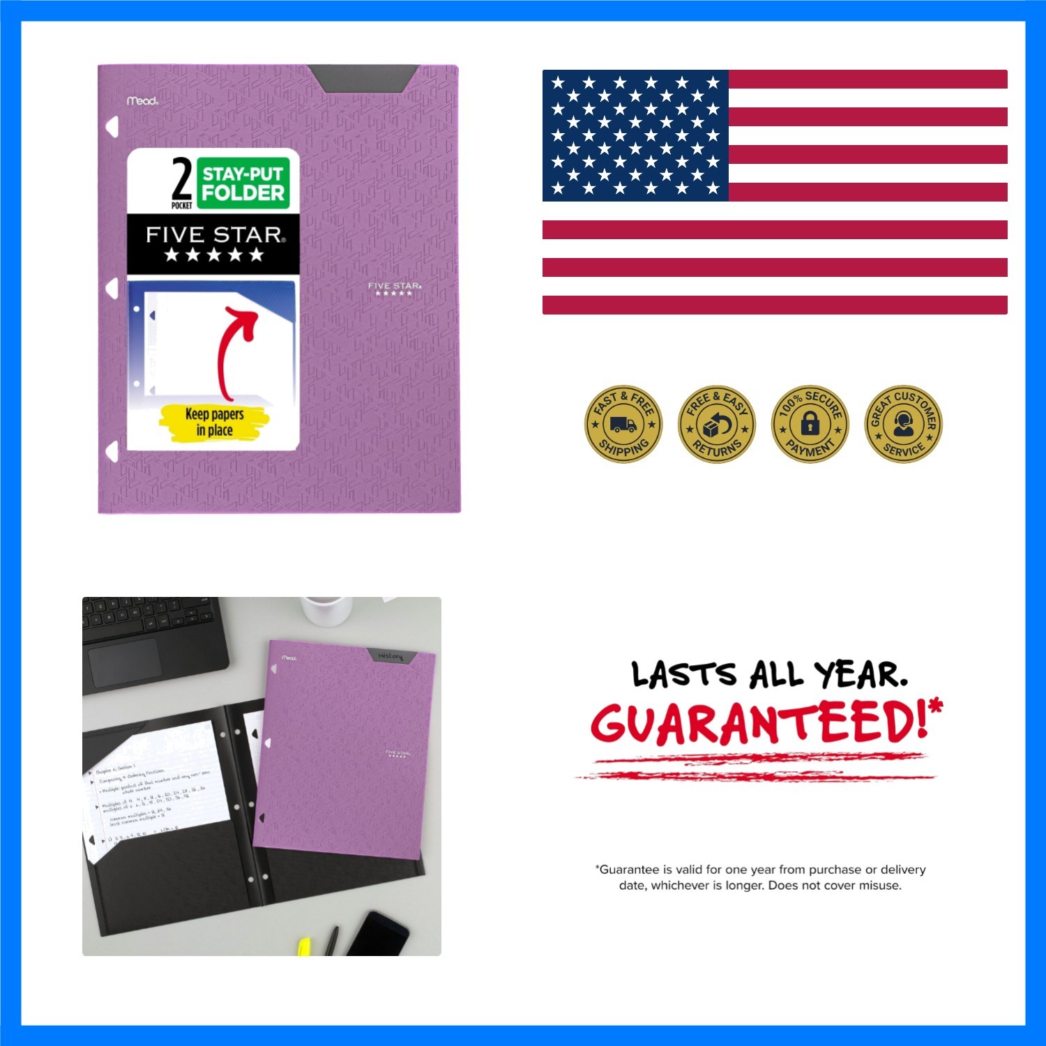 2-Pocket Folder, Plastic Folder with Stay-Put Tabs, Fits 3-Ring Binder, Holds...