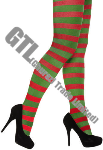 Red & Green Ladies Striped Tights Xmas Elf Christmas Fancy Dress Costume