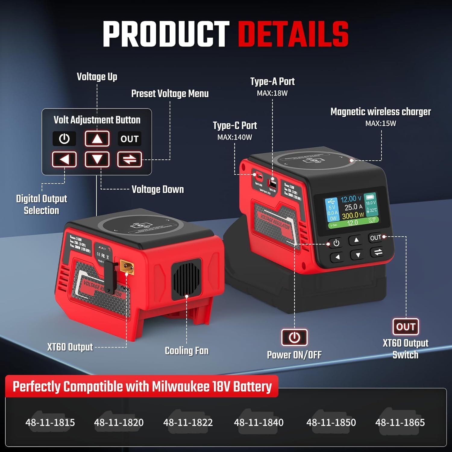 18V Battery Adjustable Voltage Regulator 300W Hisecren Wireless 2-30V Compatible