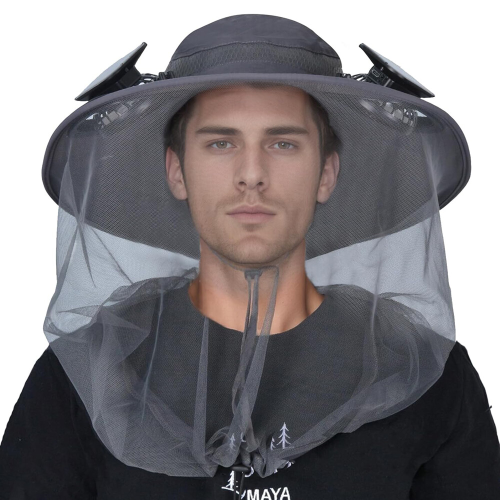 Mosquito Net Hat With Solar Fan Wide Brim Fishing Outdoor Men Women Sun Cap Gift