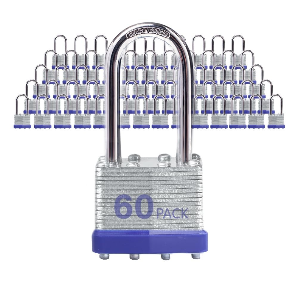 XanHen Laminated Steel Padlocks, Keyed Alike, 60 Pack, 1-9/16" Shackle