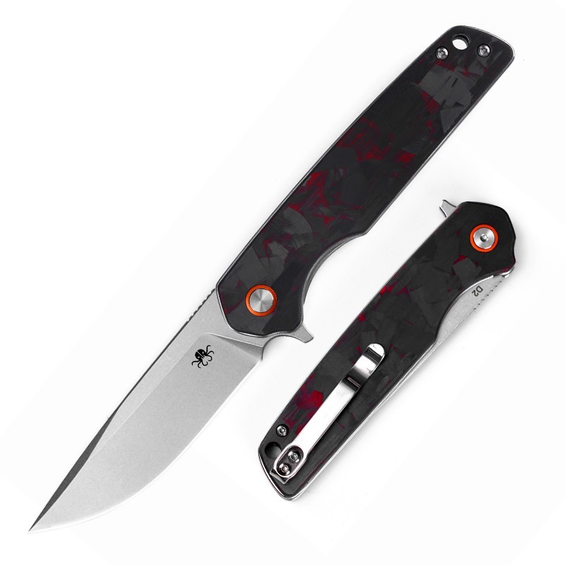 KLAKEN J354-WARPATH, D2 Stonewashed Blade With Red Carbon + G10 Handle EDC Pocke