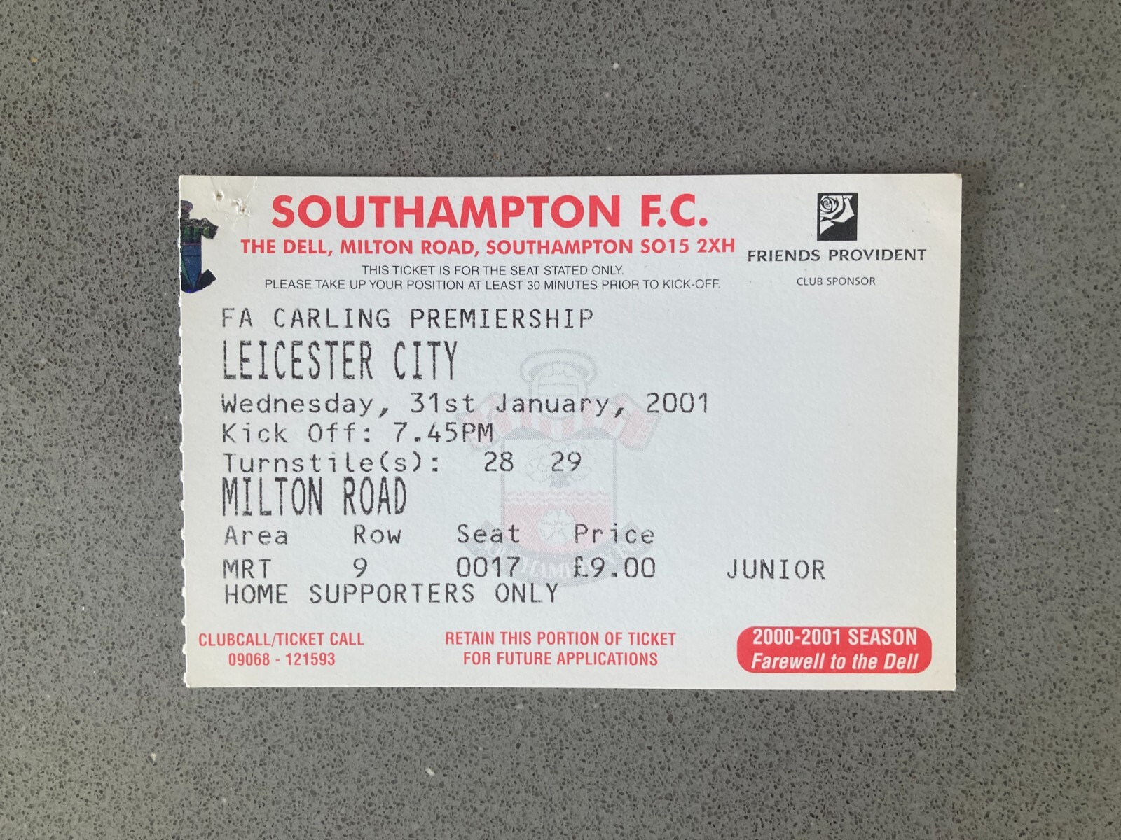 Southampton v Leicester City 2000-01 Match Ticket