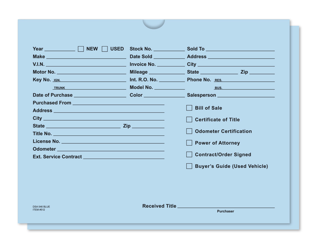 Deal jacket - Blue - Auto Car Dealer Record Envelope - Qty 500 Free Ship - #512