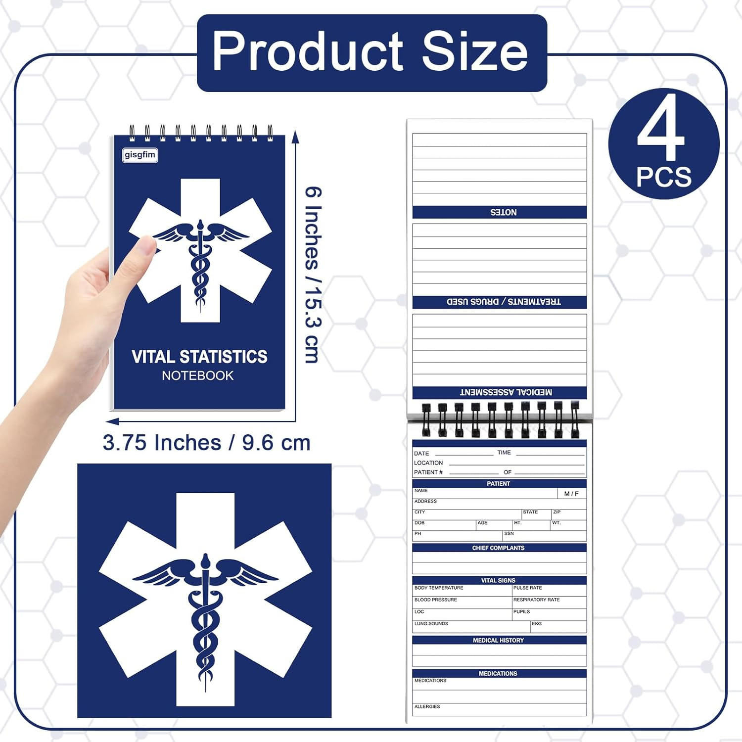 EMT First Responders Vital Statistics Notepad - 4 Pack Medical Notebook 70 Sheet