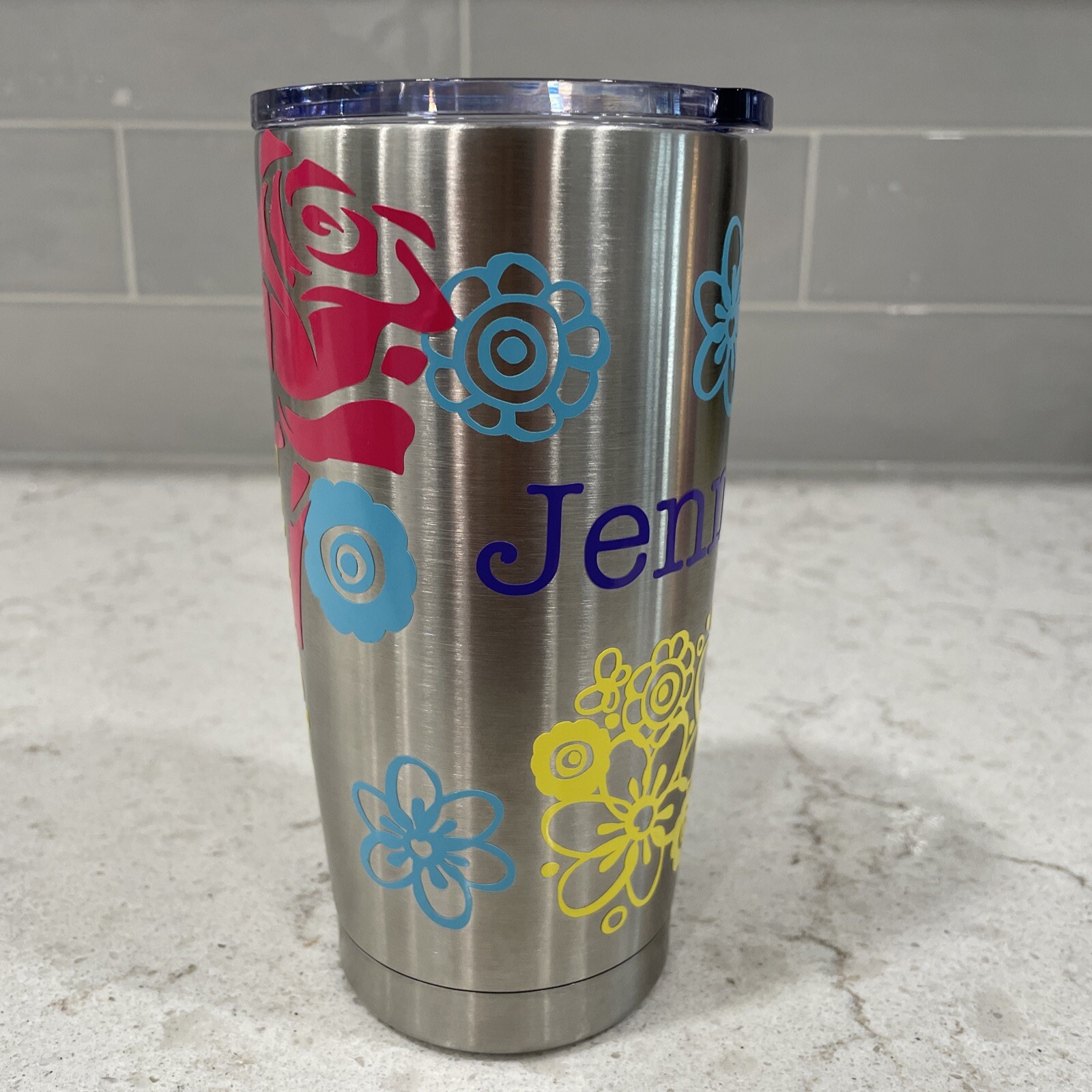 JENNIFER w/ Bright Flowers 20oz Steel Tumbler Lid Customized Personalized NEW