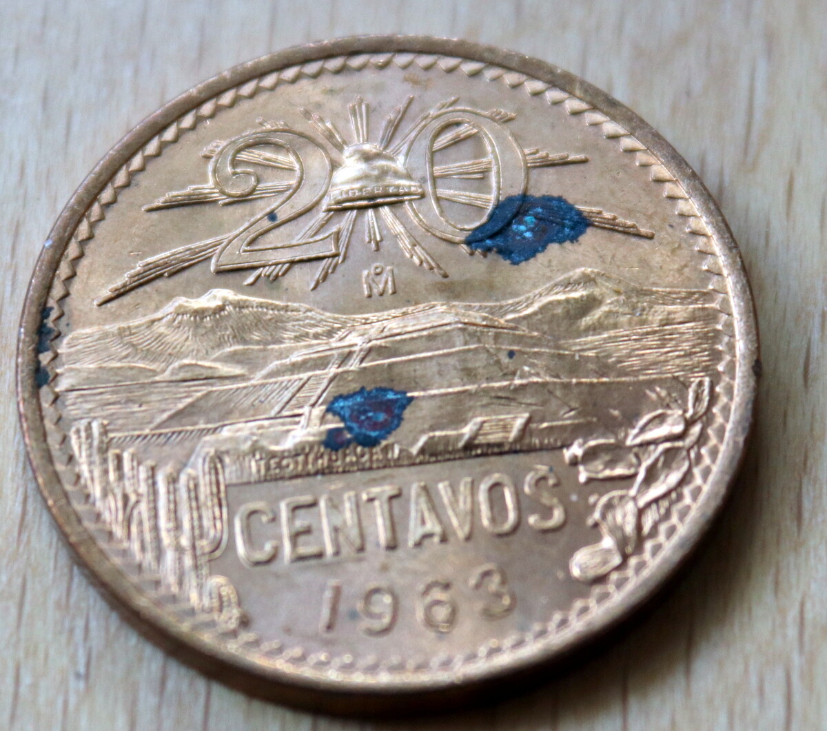 1963 Mexico 20 Centavos Pyramid of the Sun Unc. with spots