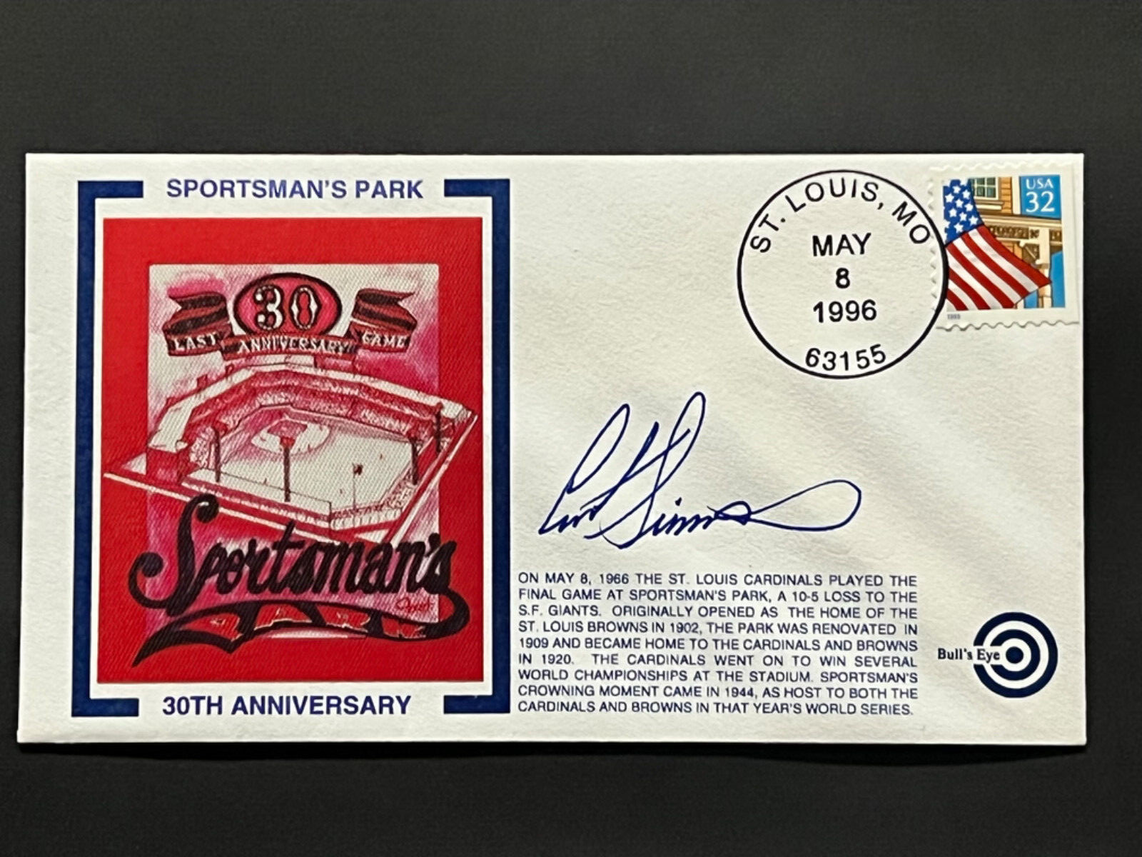 Curt Simmons Signed Autograph Bull's Eye 1996 Stamp Cachet Envelope