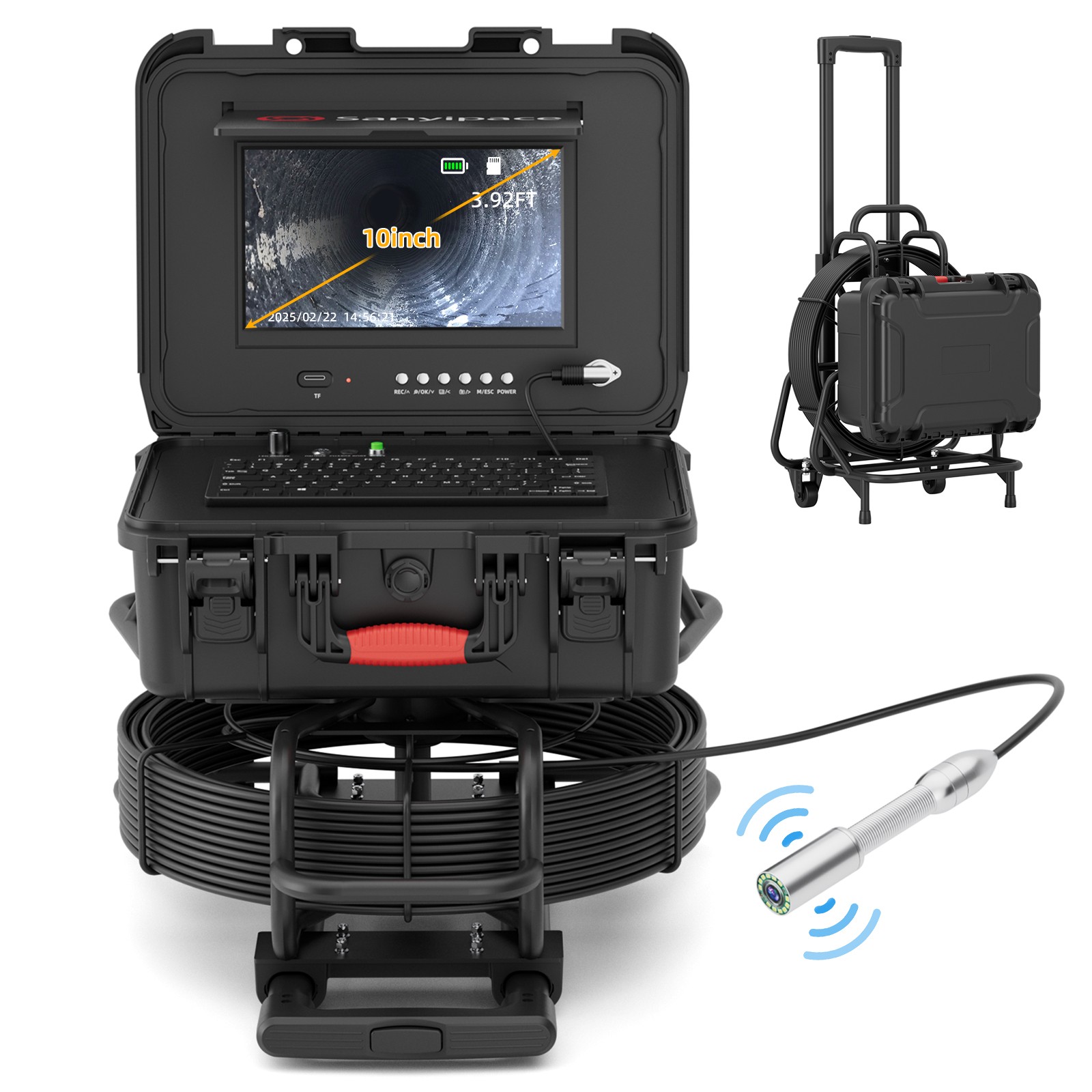 Sanyipace 10" Trolley Sewer Camera 7mm Cable w/ Self-Leveling Distance Counter