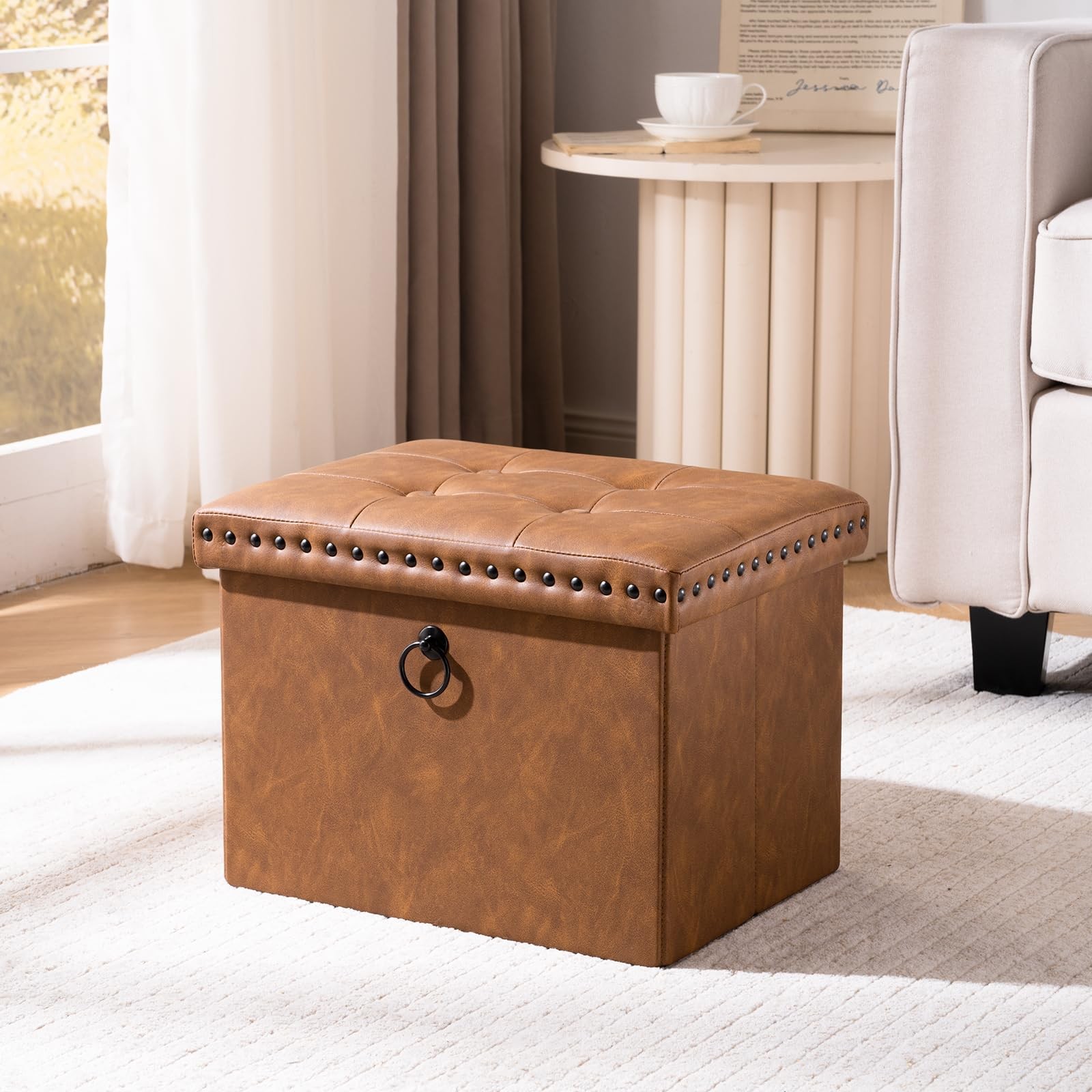 Folding Storage Ottoman 16x12x12 inches, Small Faux Leather Foot Rest Stool w...