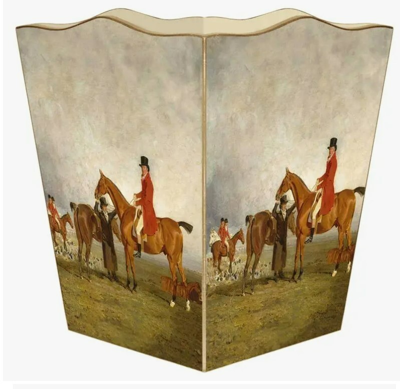 MARYE-KELLEY, 'THE BRITISH HUNT' 12" WOODEN WASTEPAPER BASKET, NEW
