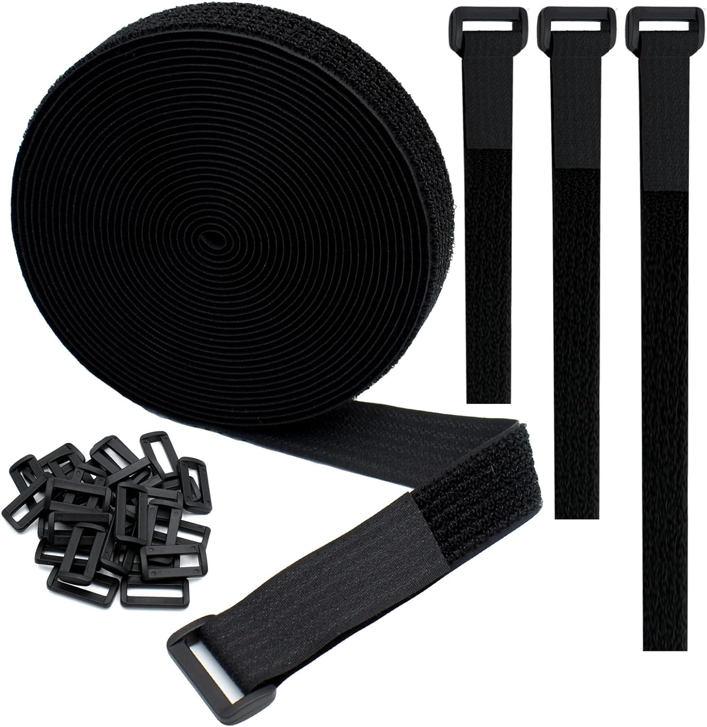1"X20Ft Hook and Loop Straps, with 30 Plastic Buckles, Adjustable Fastening Cabl