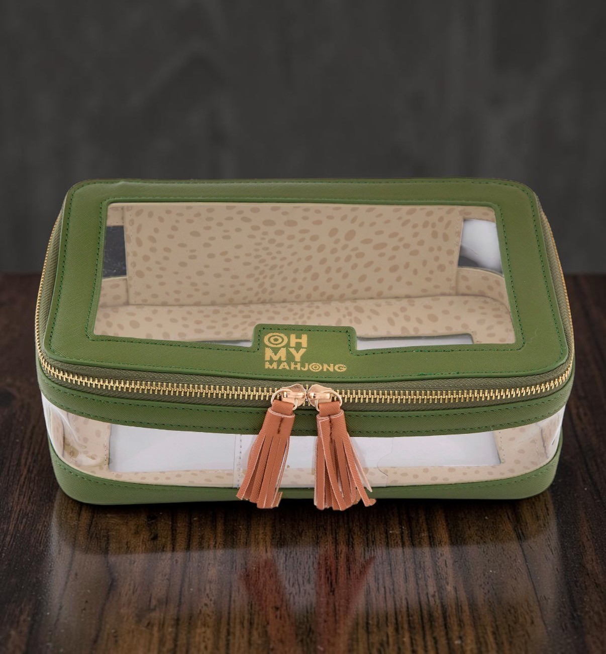 Oh My Mahjong Mahjong Tile Storage Case Organizer Bag Olive Green Cheetah NEW