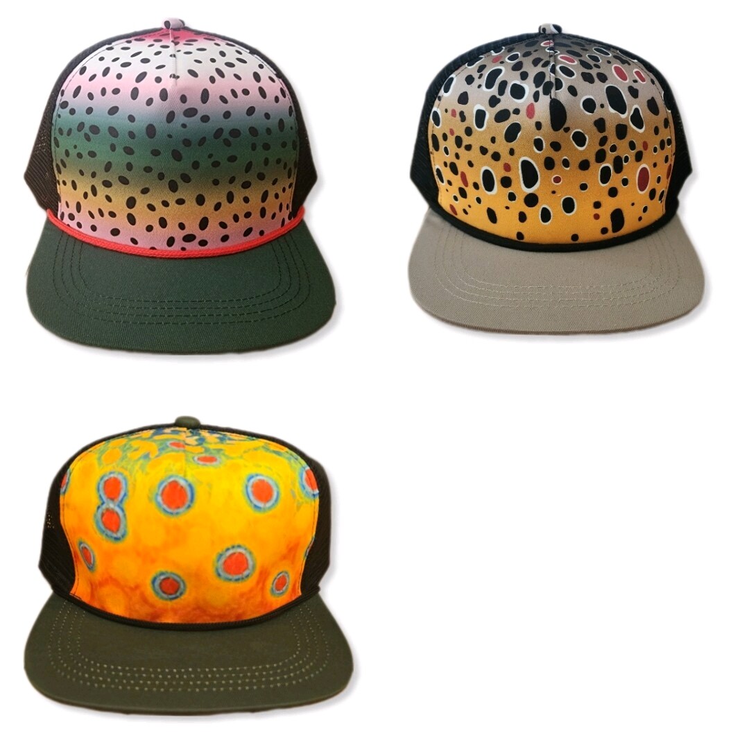 Trout Skin Pattern Snapback Trucker Hat Cap Fly Fishing Rainbow Brook Brown