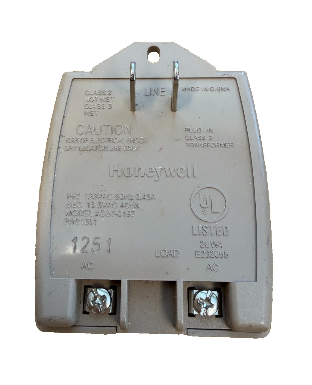 Honeywell 1361 TRANSFORMER AD57-0197 INPUT 120VAC 60Hz 0.45A OUT 16.5VAC 40VA
