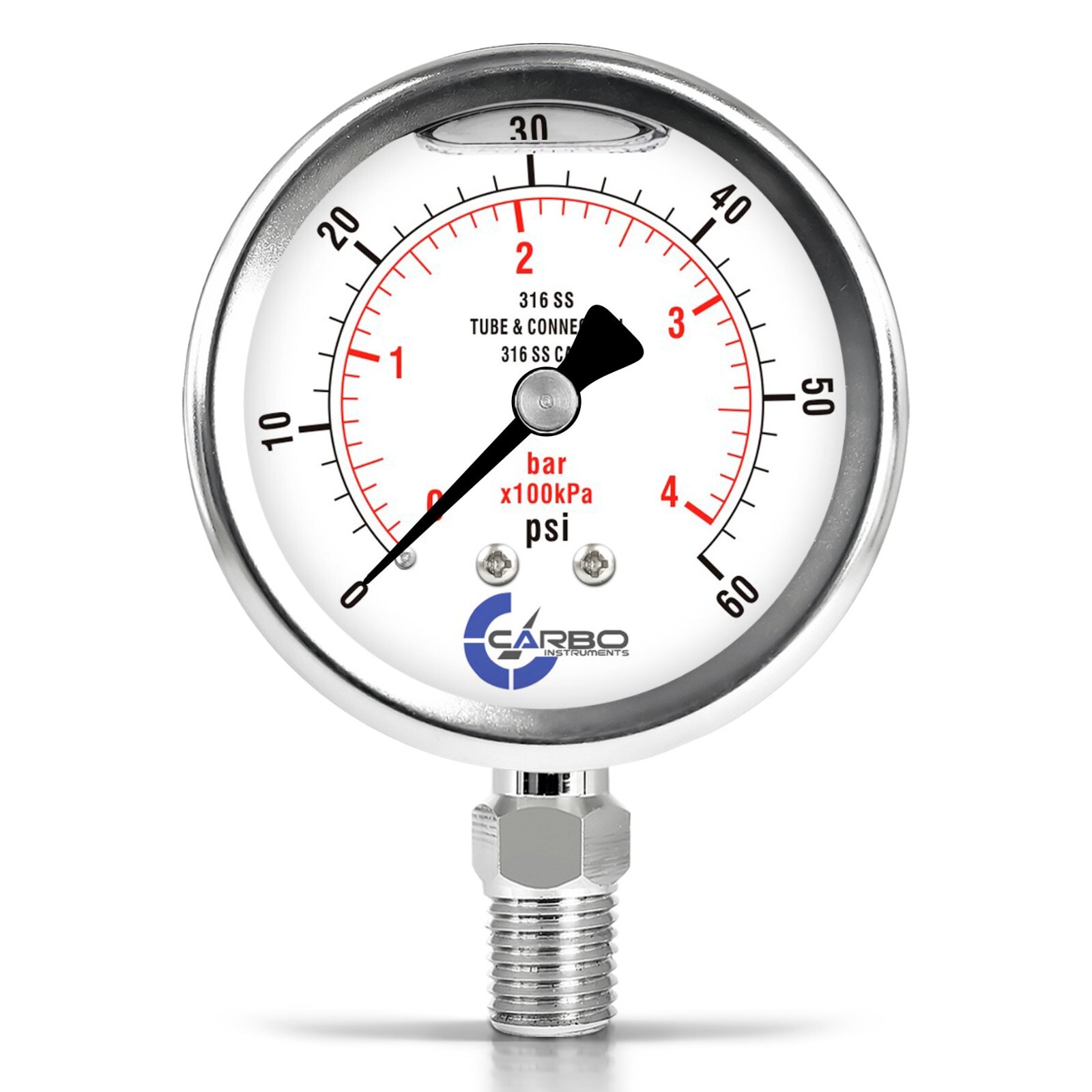 2-1/2" Pressure Gauge, ALL STAINLESS STEEL, Liquid Filled, Lower Mnt, 60 Psi