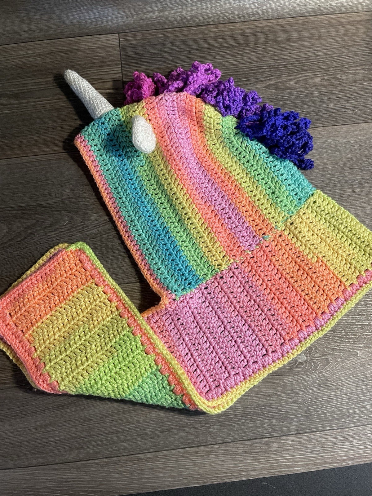 Hand made kids Crochet Unicorn Hat/scarf, Bright Multicolor, winter or dress up