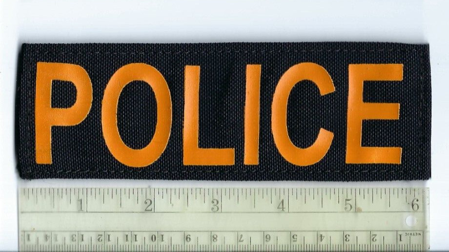 POLICE - 6" X 2" hat/chest CANVAS patch *gold on black* VELCR0 BACK