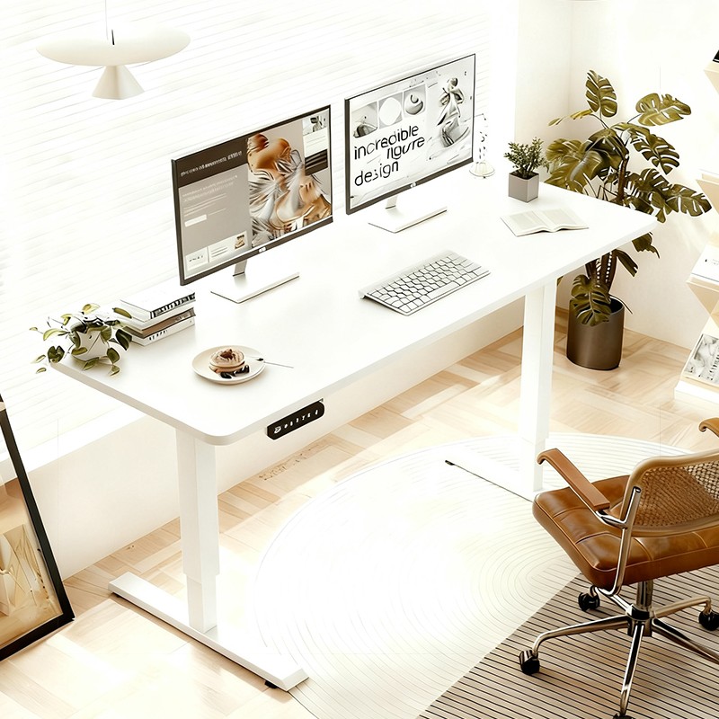 55×24" White Double Beam Electric Standing Desk Height Adjustable W/Sliced Board