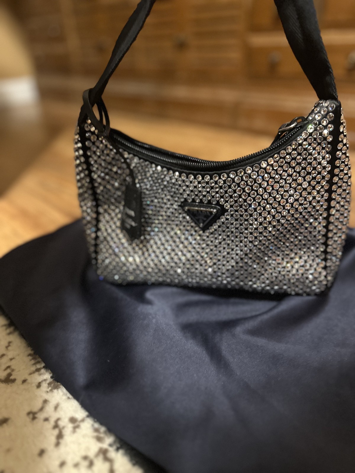 Prada Crystal Embellished Mini Shoulder Bag – Black Satin with Rhinestone