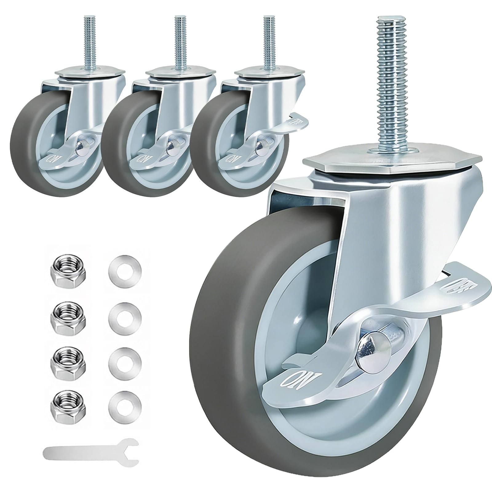 3-inch Threaded-Shaft Casters Heavy-Duty TPR Swivel 500lb Load Capacity - Set