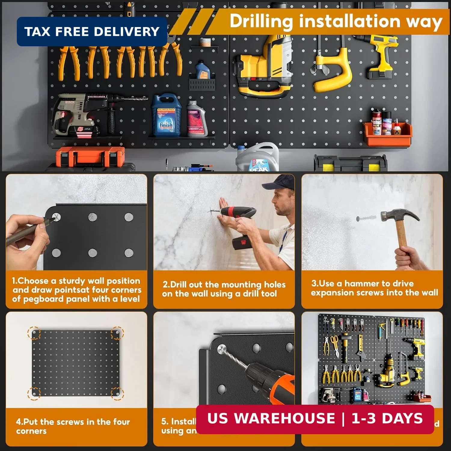 Peg Board, 110pcs Metal Pegboard Kit, Includes 4 Pack Black Peg Board Panels wit
