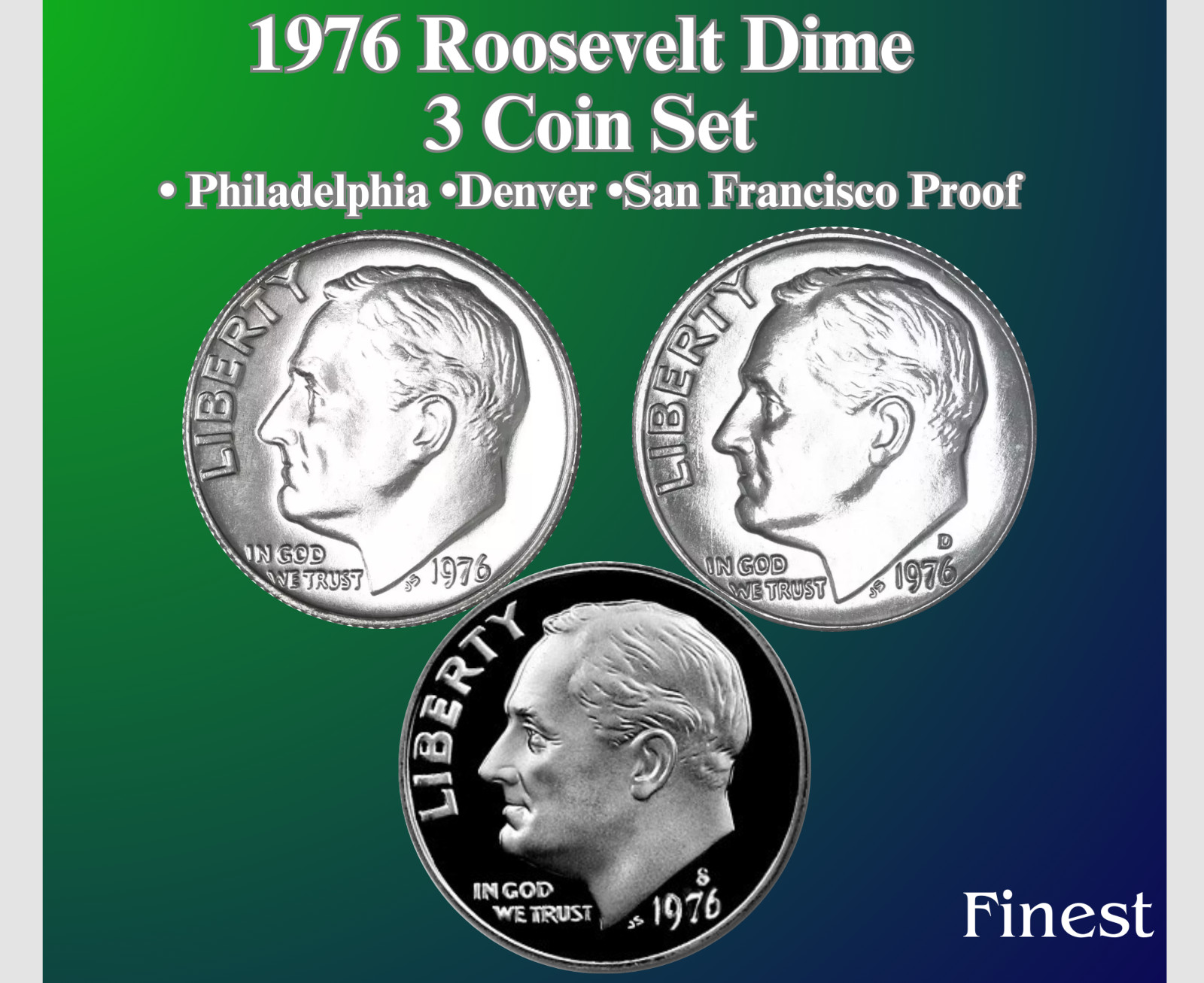 1976 P D S ROOSEVELT DIME 3 COIN SET NEW BU & PROOF