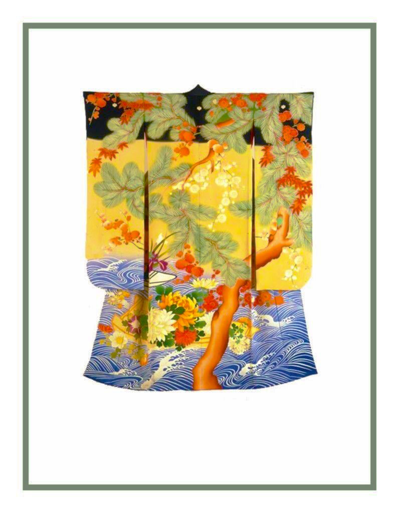 Japanese Yellow Blue Floral Kimono Counted Cross Stitch Chart Pattern