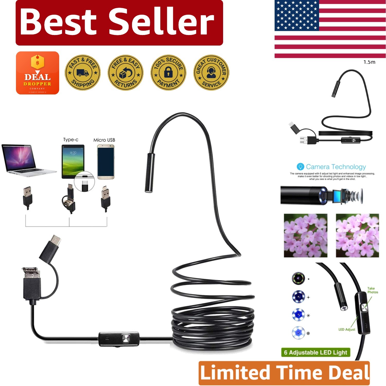 Versatile Waterproof Inspection Camera for Tough Areas - HD with 1.5M Cable