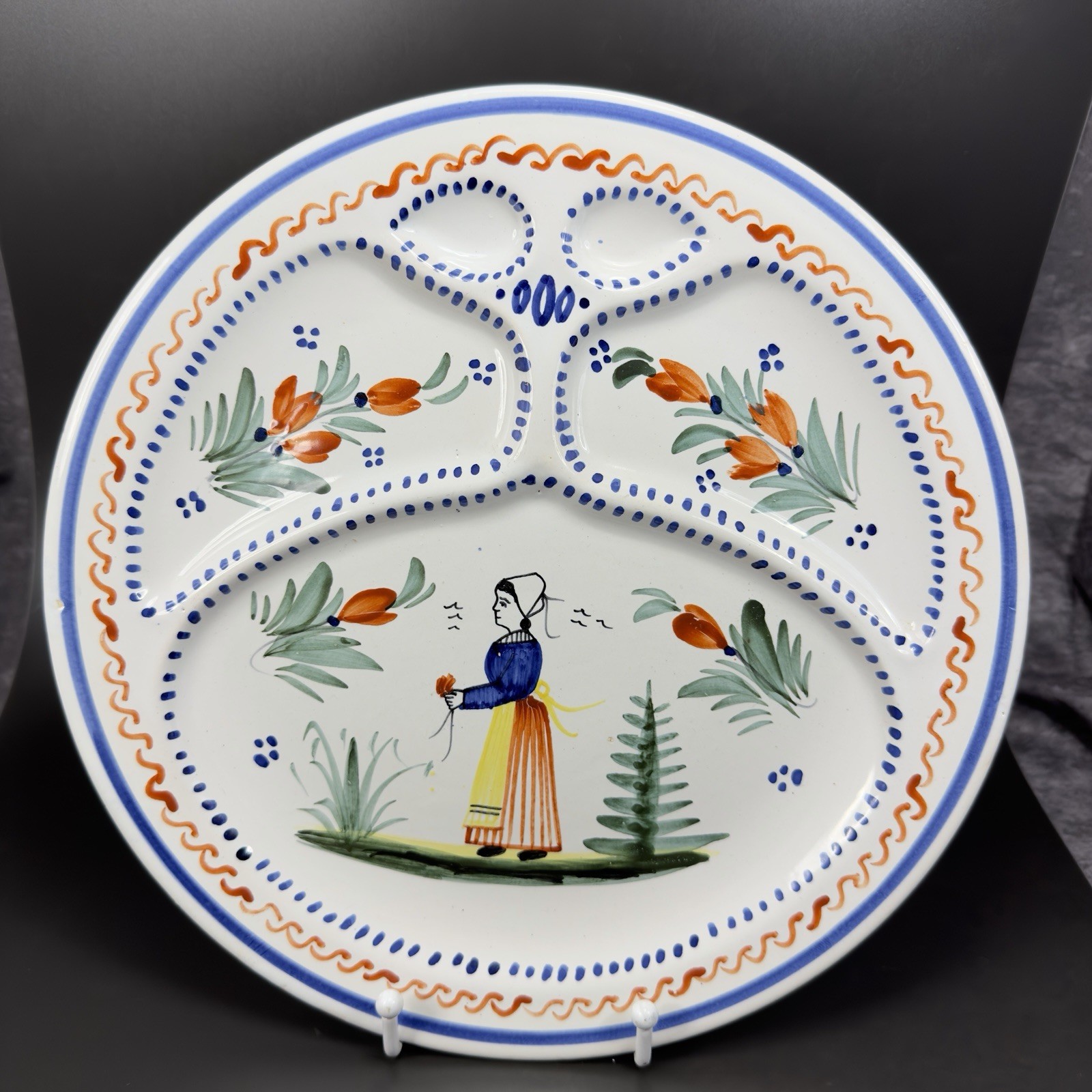 Vintage HB Quimper Divided Plate Dish Breton Girl French Faience Pottery 11inch