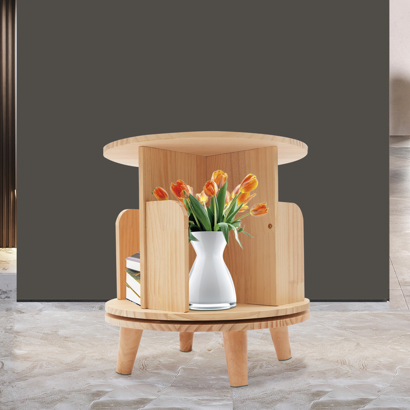 1-tier Floor Standing Solid Wood Single-layer Rotating Bookshelf 31cm H Bookcase