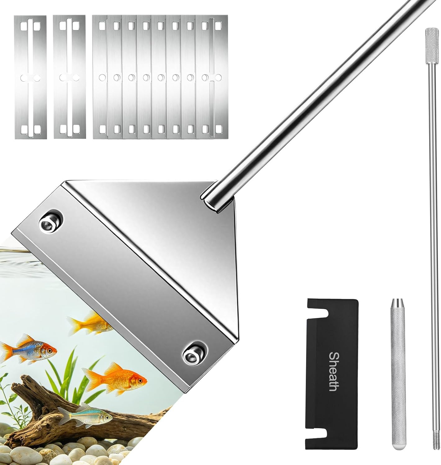 25 in Algae Scraper for Glass Aquariums - with Sheath, 10 Blades | Wide Blade, D