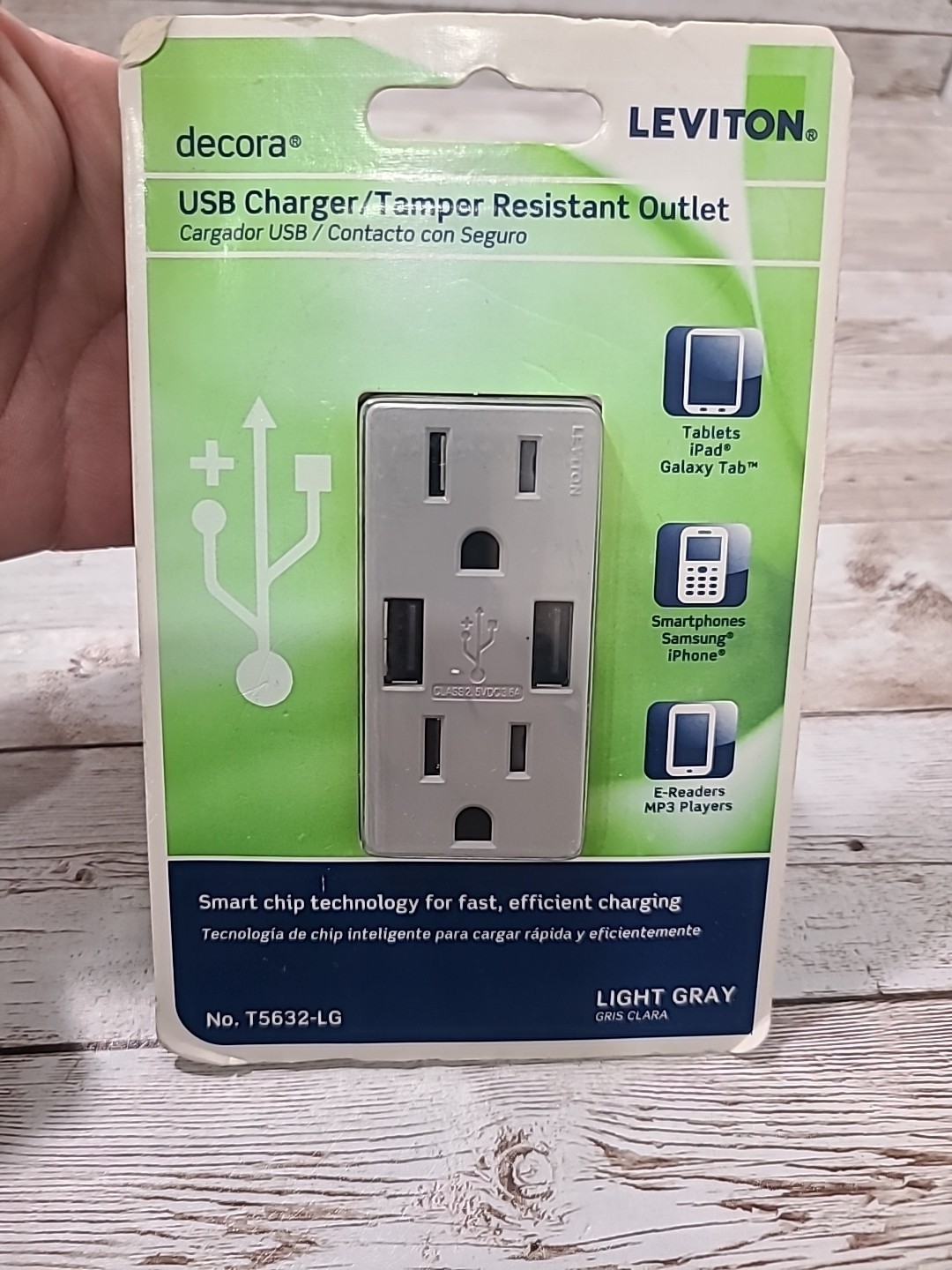 Leviton T5632-LG Light Gray USB Type A In Wall 3.6 Amp Charger Outlet Tamper