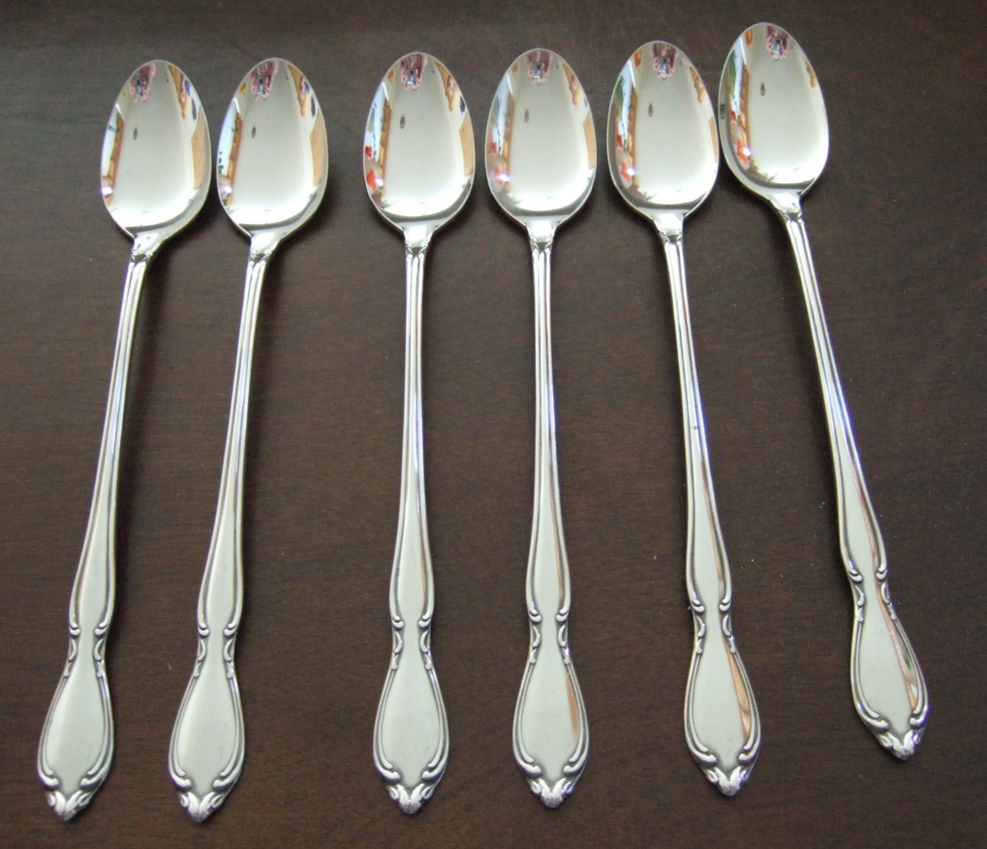 HTF 6 ICED TEA SPOONS REED & BARTON STAINLESS FLATWARE  CAMELOT PATTERN