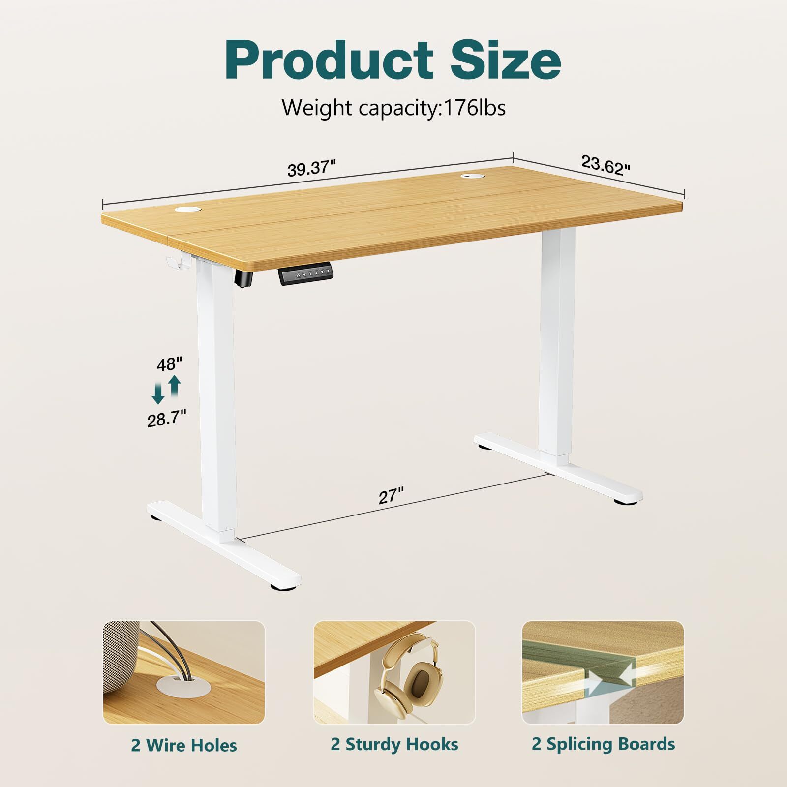 Ergonomic 24x40" Adjustable Standing Desk with Cable Management - Natural Finish