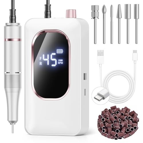 Professional Electric Nail Drill 45000RPM, Portable Nail File for Acrylic Gel Na