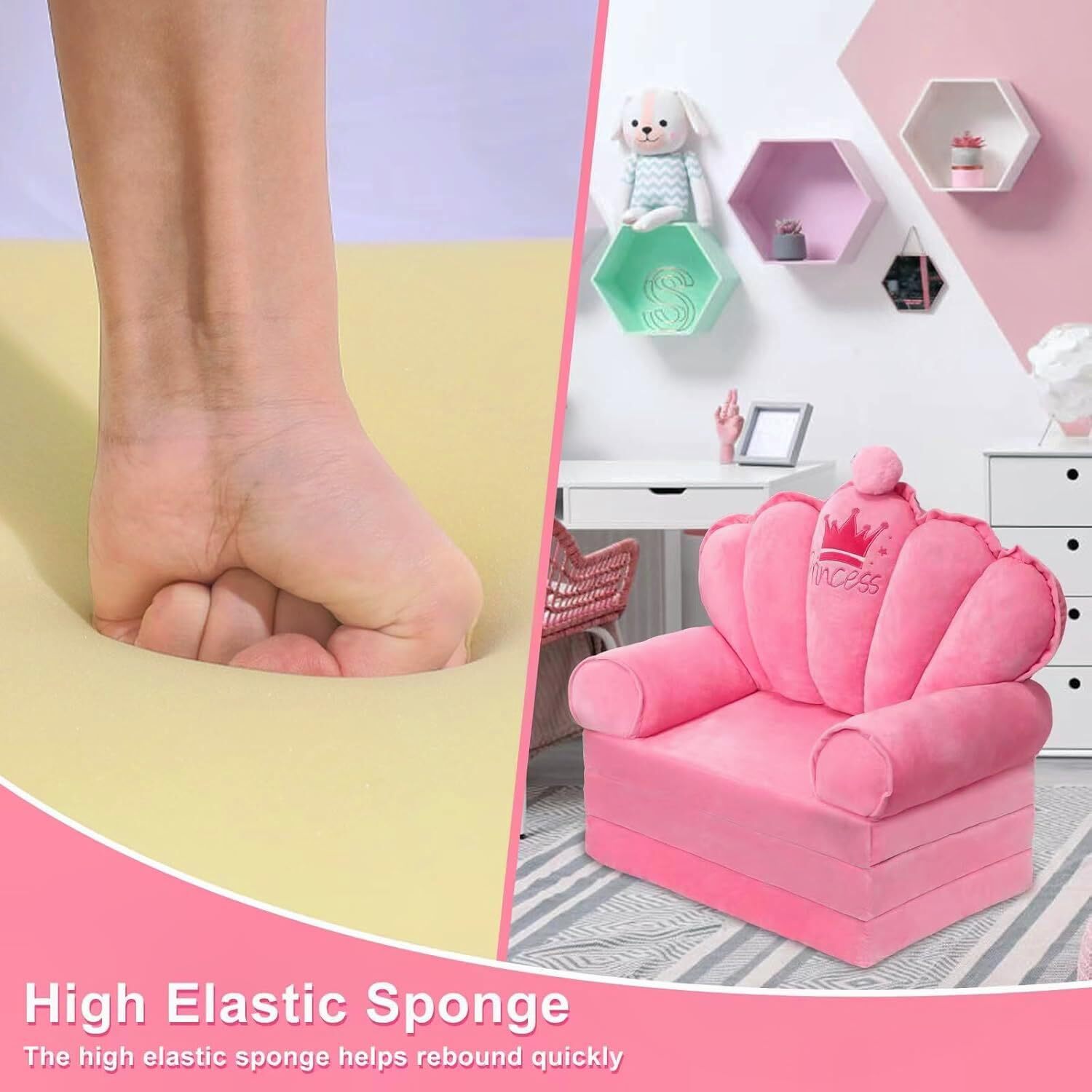 Pink Toddler Chair Kids Sofa Lounger Toddler Bed Couch for SeatingSoft Prince...