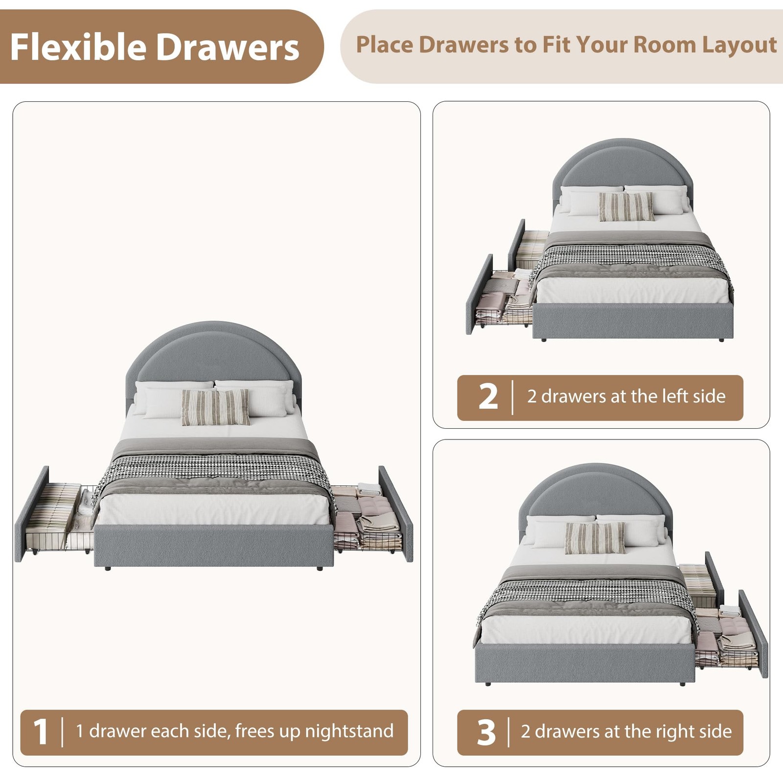Queen Size Bed Frame ,Upholstered Platform Bed with Headboard & 2 Drawers ,Gray