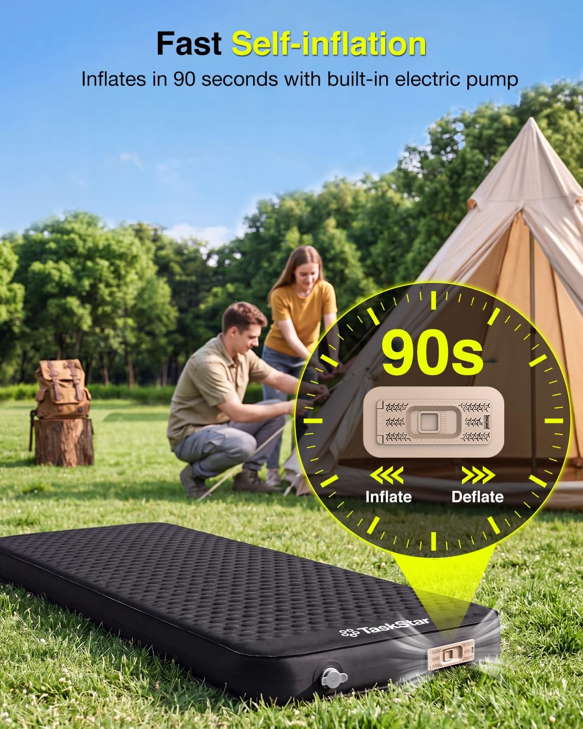 TaskStar 4" Self Inflating Sleeping Pad for Camping with 80''x30''x4'', Black
