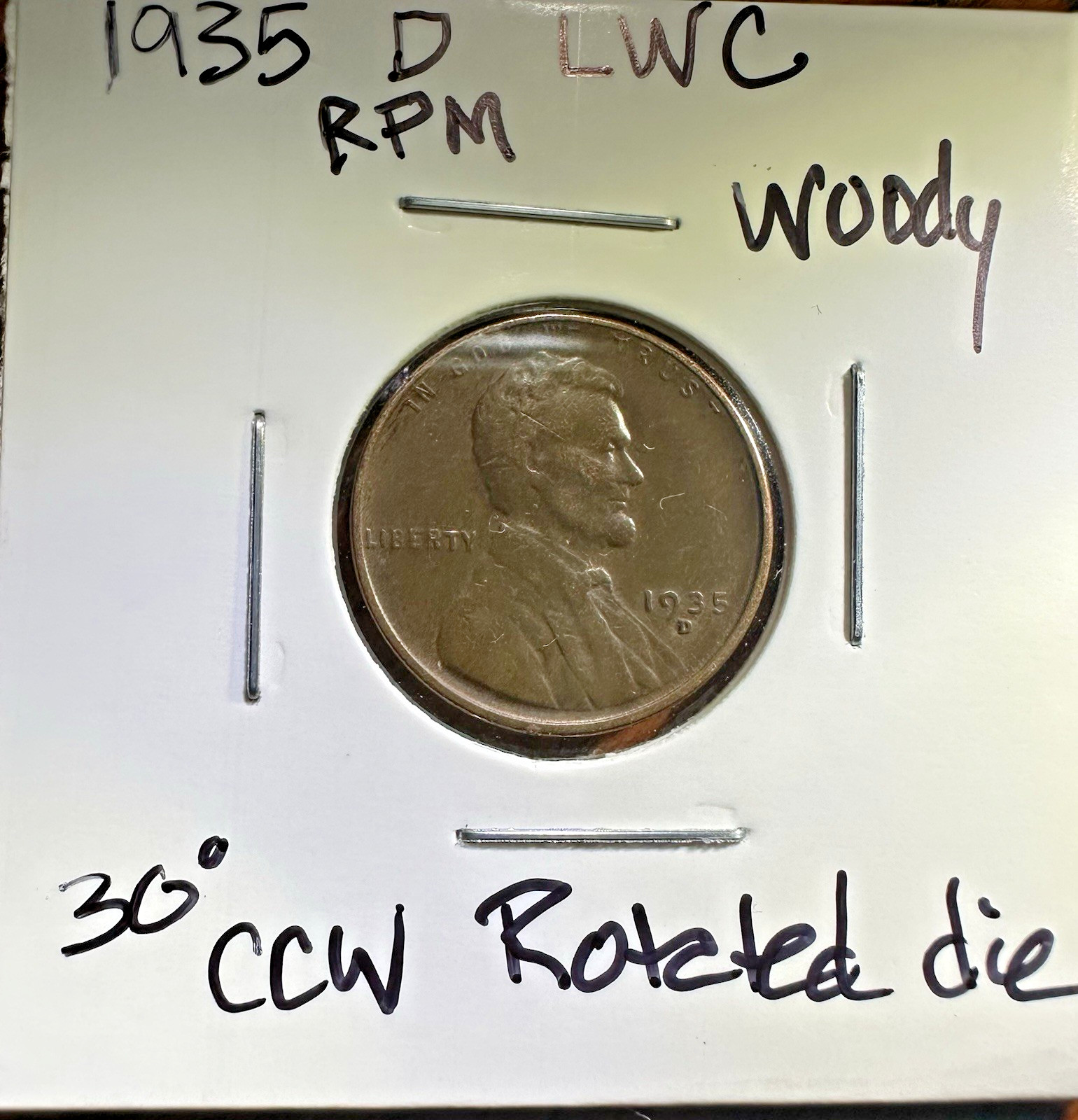 1935 D LWC with CCW Rotated Die, Copper Alloy Mix WOODY + RPM ERRORS F- VF