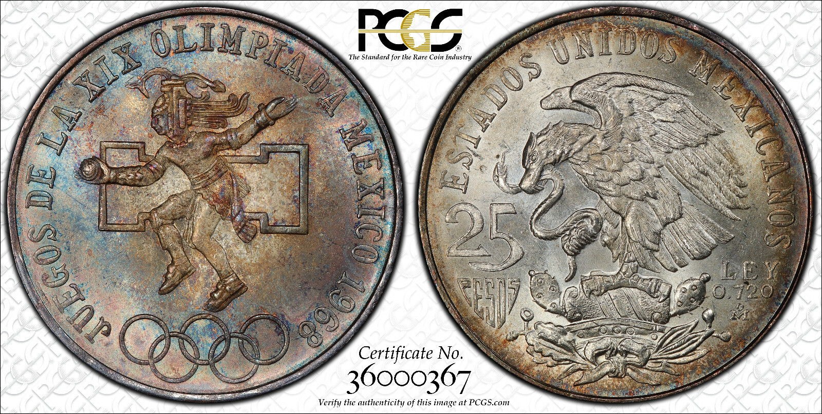 NQC 1968-Mo $25 Peso Olympic Type 1 PCGS MS 66 (Tone Colors)