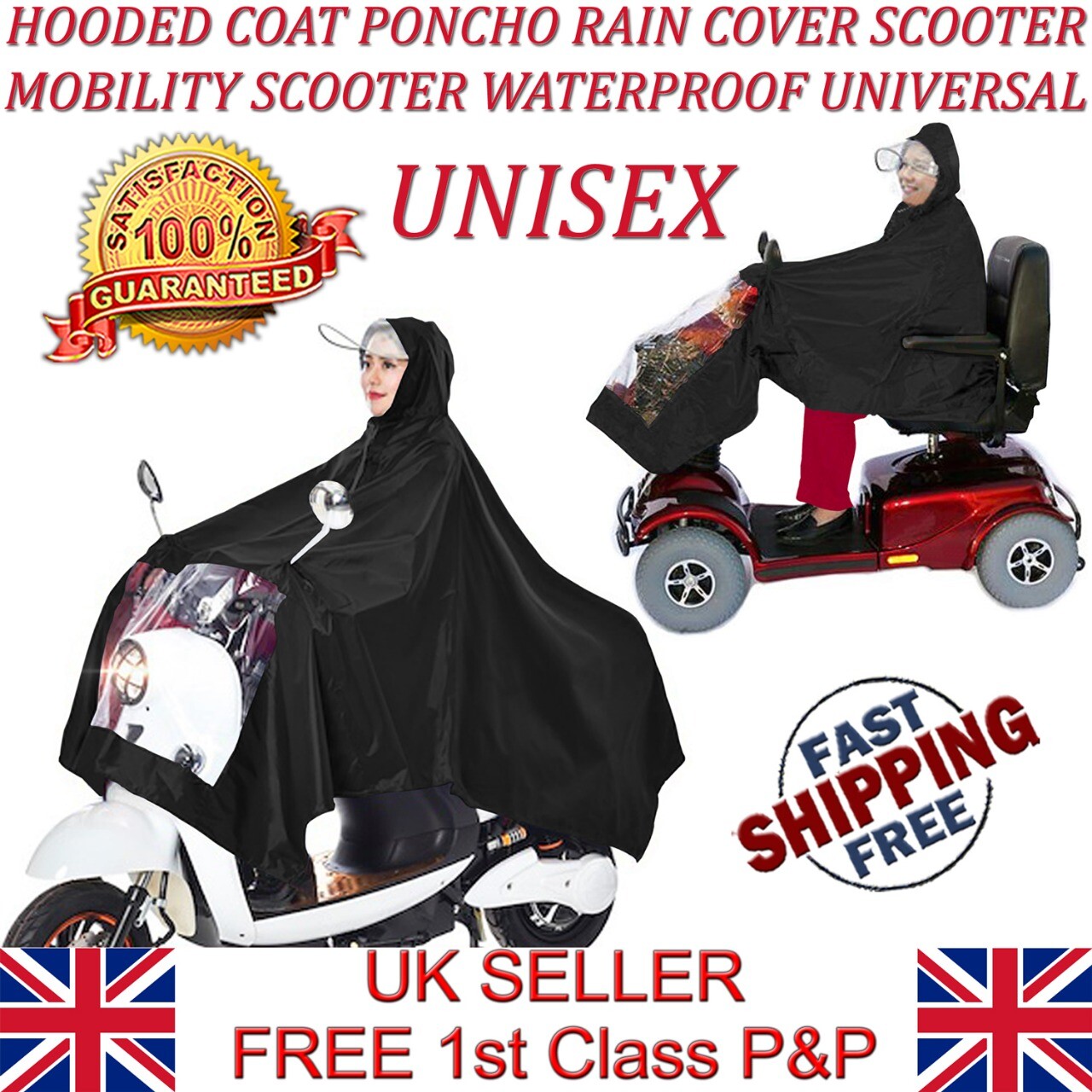 Mobility Scooter Bike Rain Mac Poncho Suit Till Cover Hooded Coat Waterproof Cap