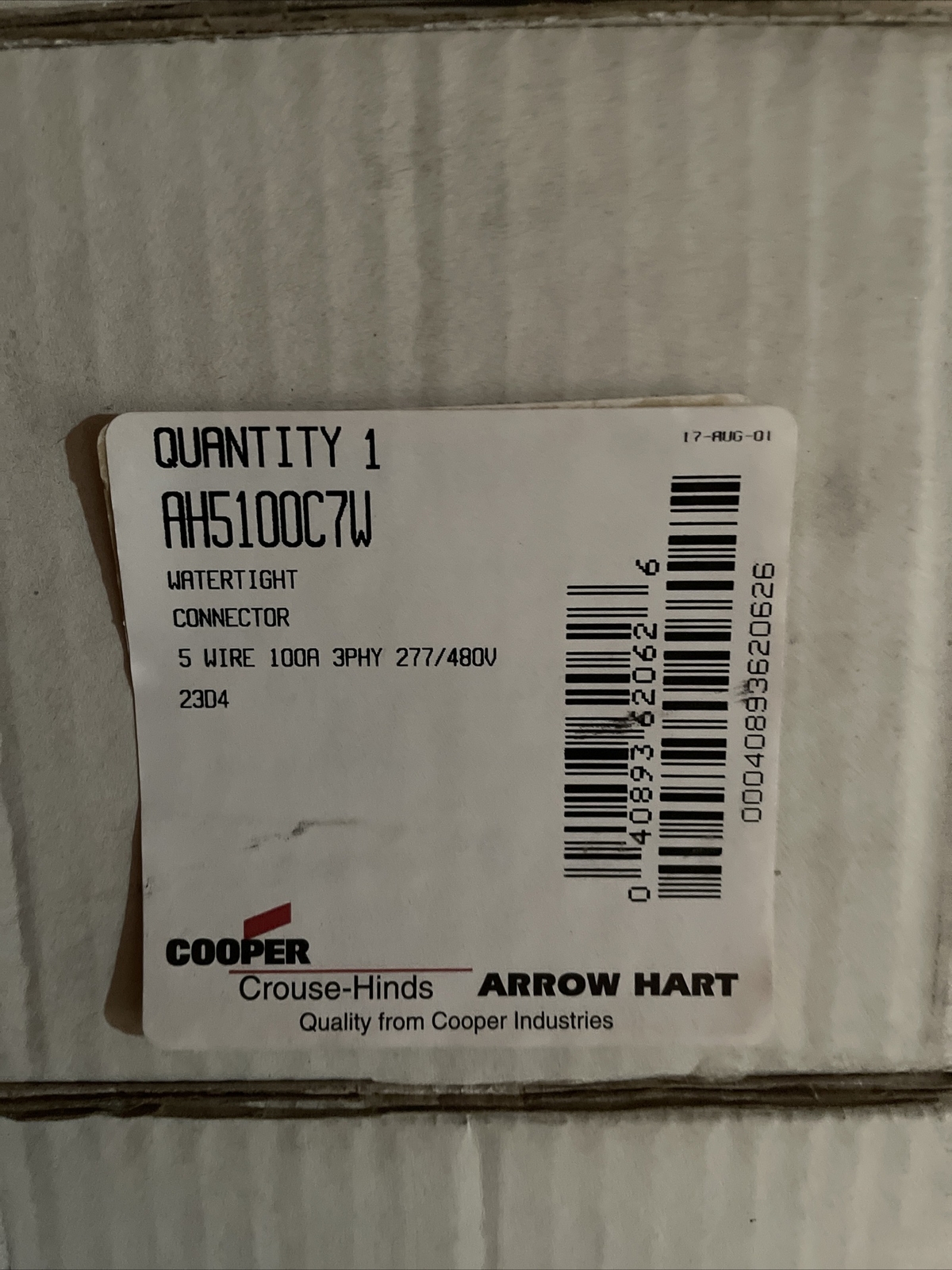 (C) Arrow Hart Cooper AH5100C7W Watertight Connector 100A 5W 3 PHY 277/480V RED