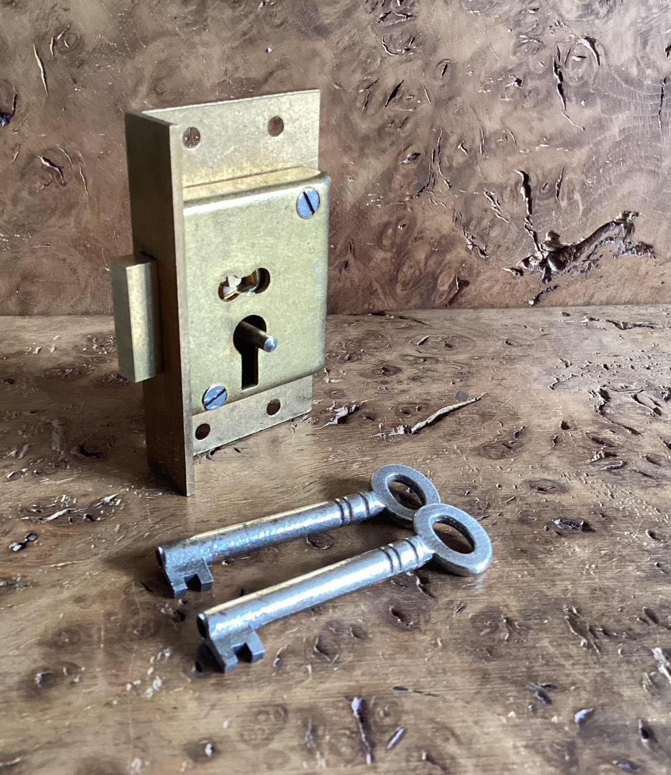Antique Brass Half Mortise Cabinet L/H Door Lock + 2 Keys 64mm X 38mm X 13mm