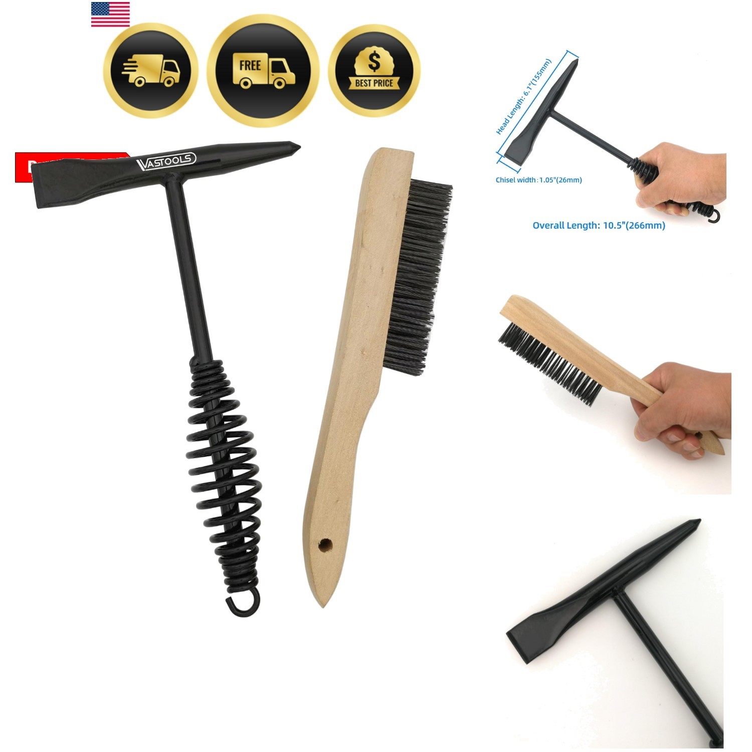 Welding Chipping Hammer with Coil Spring Handle,10.5",Cone and Vertical Chise...