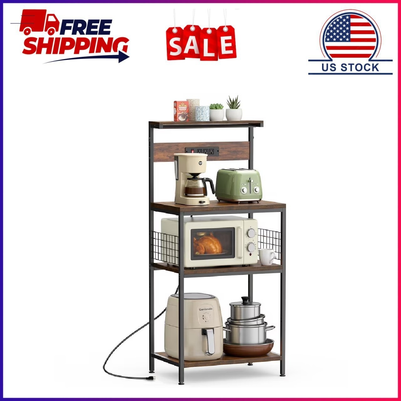 GIANNA Baker’s Rack with Power Outlet, 4-Tier Kitchen Coffee Bar and Microwave S