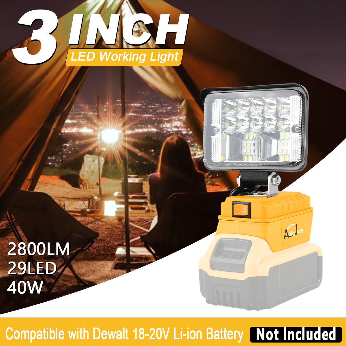 NEW 40W LED Work Light for DeWalt 20V battery - 2800LM Flood Light with USB Port